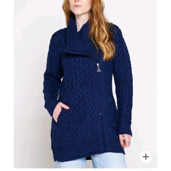 Aran Crafts Athenry Coat 100% Merino Wool Ireland Midnight Navy Blue Size MP EUC - Picture 1 of 16